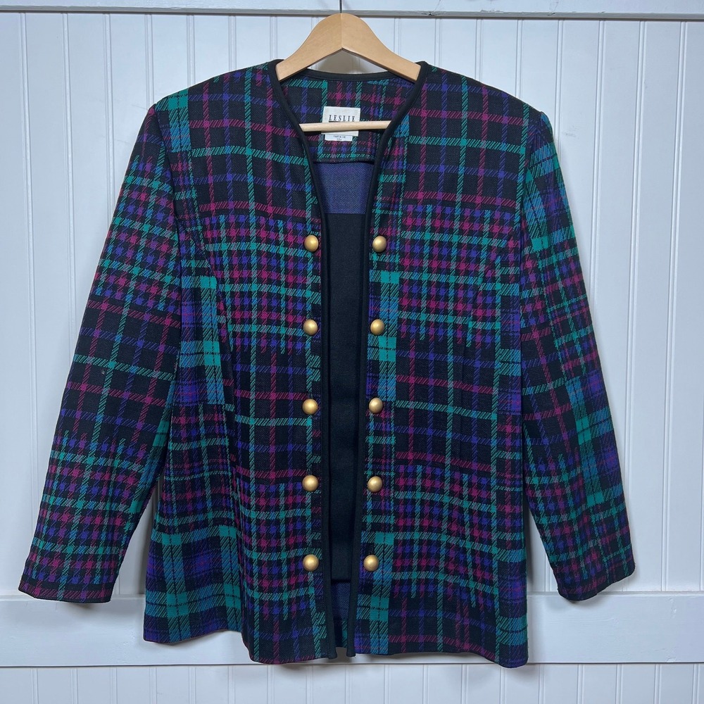 Vtg Leslie Fay Blouse 80s Plaid Maximalist Whimsigoth Tartan Double Breasted 16